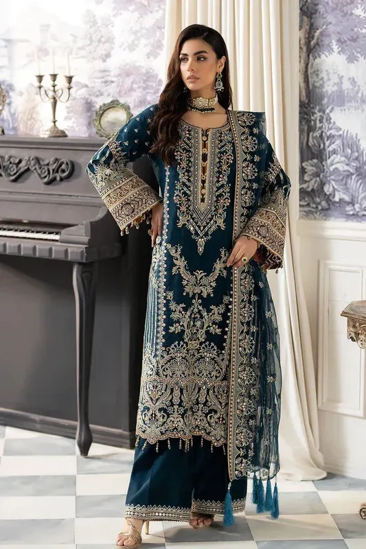 Teal formal suit with long shirt, net dupatta and raw silk trousers – view 1 – Poshaq