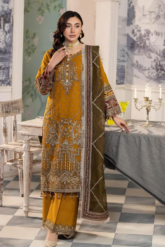 Imrozia Premium Baad e Saba Pret Luxury Eid Collection Mustard Raw Silk – view 1 – Poshaq