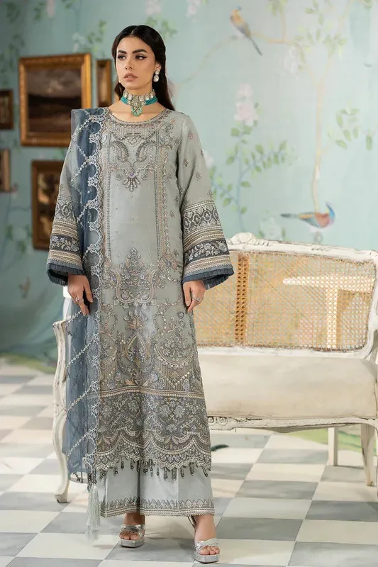 Imrozia Premium Baad e Saba Pret Luxury Eid Collection Grey Raw Silk – view 1 – Poshaq