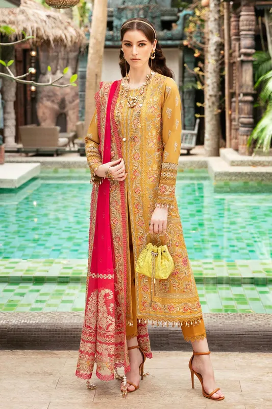 Imrozia Premium Reve Luxury Lawn Mustard Organza – view 1 – Poshaq