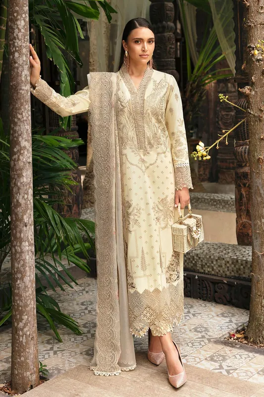 Imrozia Premium Reve Luxury Lawn Ivory Organza – view 1 – Poshaq