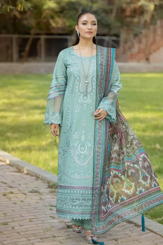 Imrozia Premium Subah e Roshan Ferozi Organza – view 1 – Poshaq