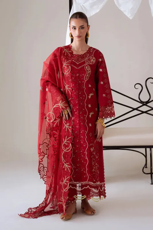 Aabyaan Miraal Signature Embroidered Viscose 25 Red Karandi – view 1 – Poshaq