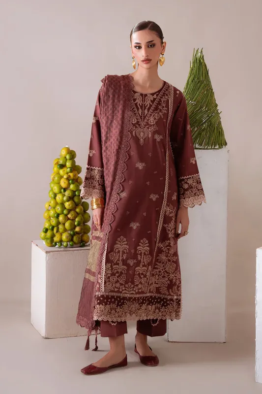 Aabyaan Miraal Signature Embroidered Viscose 25 Maroon Jacquard – view 1 – Poshaq