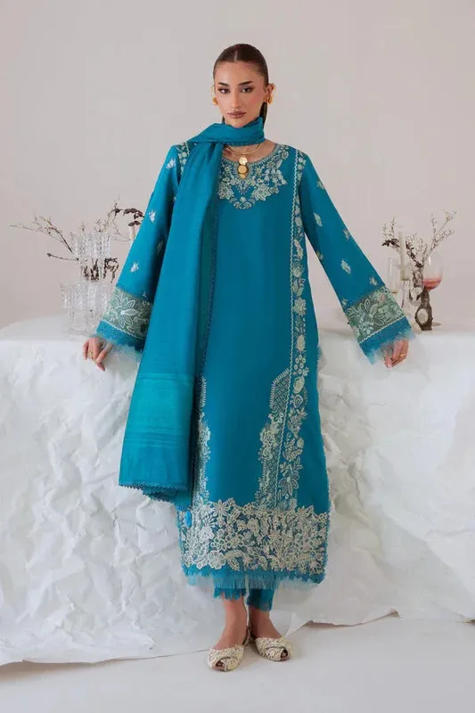 Aabyaan Miraal Signature Embroidered Viscose 25 Teal Jacquard – view 1 – Poshaq