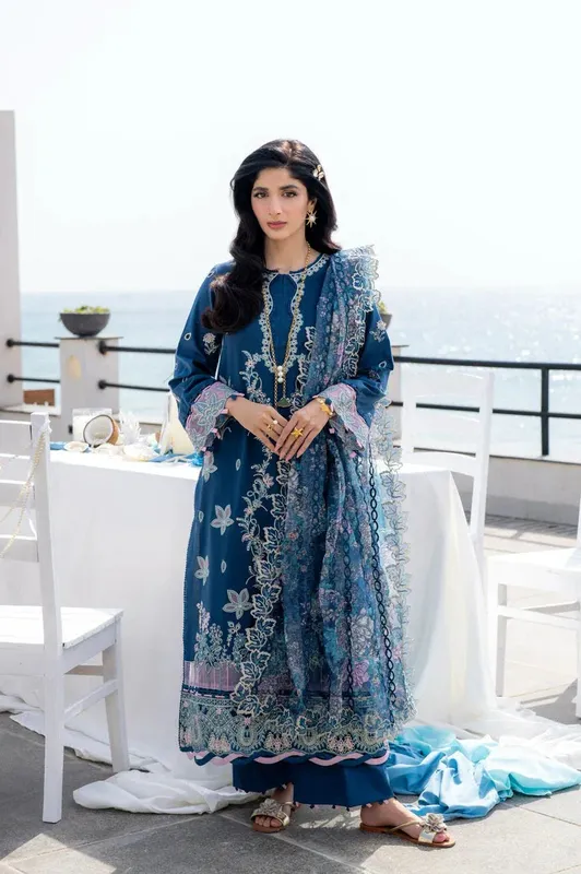 Aabyaan Saagar Luxury Lawn 25 Teal Blue Jacquard – view 1 – Poshaq