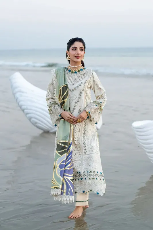 Aabyaan Saagar Luxury Lawn 25 Ivory Katan – view 1 – Poshaq