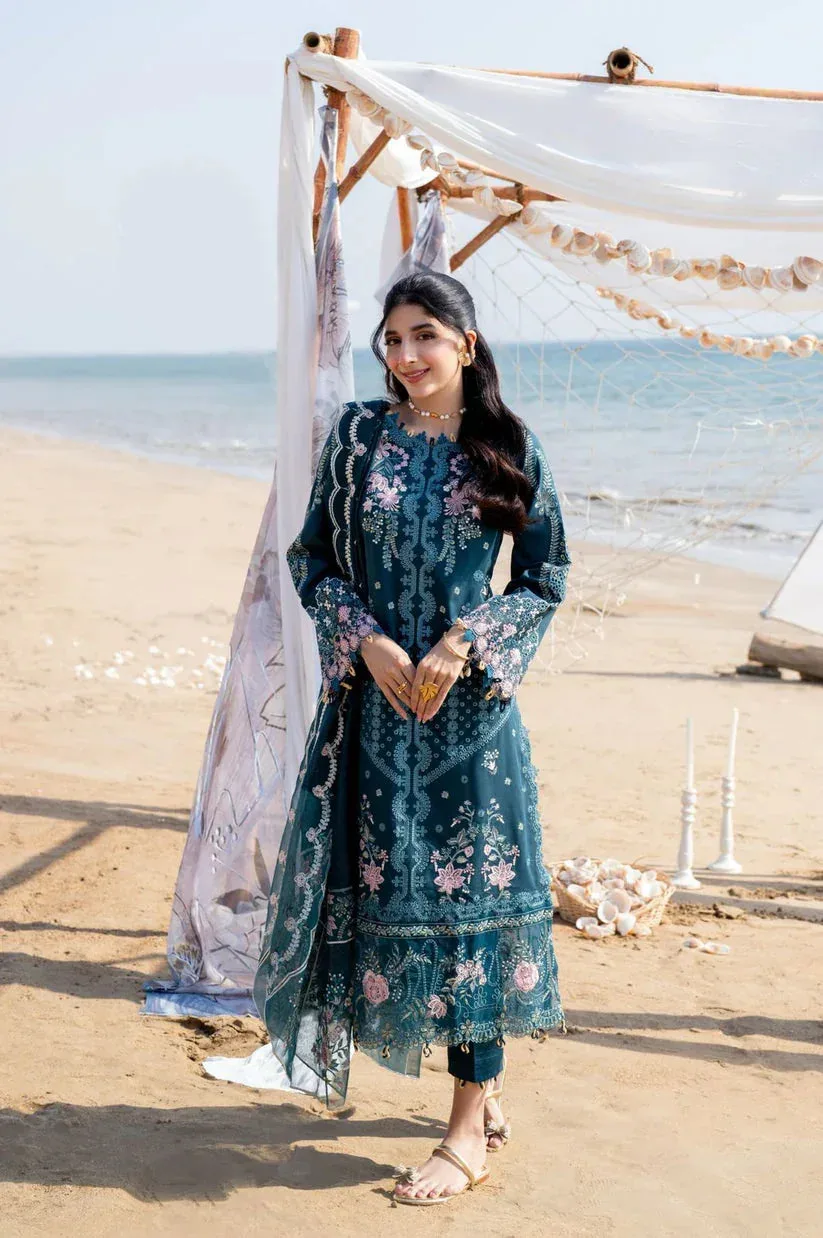 Aabyaan Saagar Luxury Lawn 25 Teal Blue Organza – view 1 – Poshaq