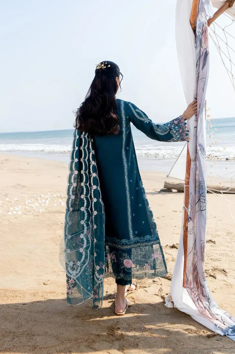 Aabyaan Saagar Luxury Lawn 25 Teal Blue Organza – view 2 – Poshaq