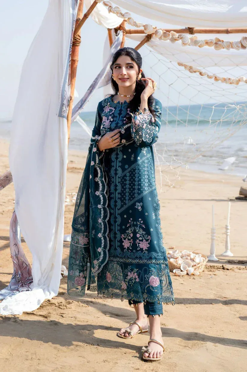 Aabyaan Saagar Luxury Lawn 25 Teal Blue Organza – view 3 – Poshaq