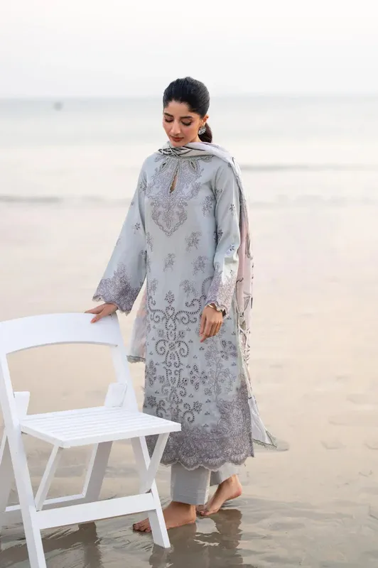 Aabyaan Saagar Luxury Lawn 25 Light Blue Gray Silk – view 1 – Poshaq