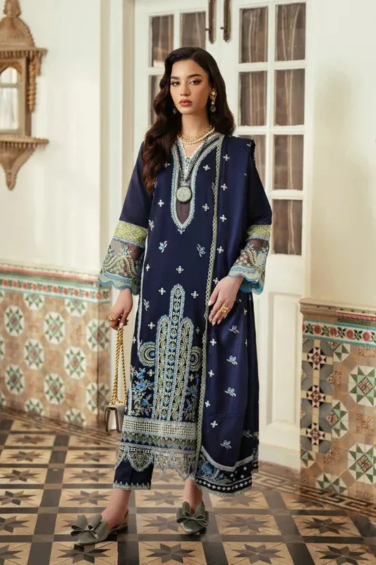 Aabyaan Miraal Signature Embroidered Viscose Blue Jacquard – view 1 – Poshaq