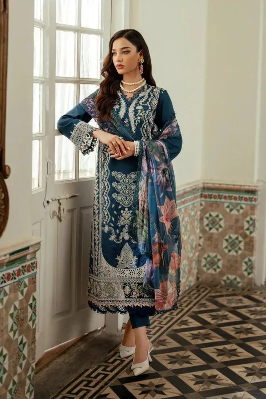 Aabyaan Miraal Signature Embroidered Viscose Teal Chiffon – view 1 – Poshaq