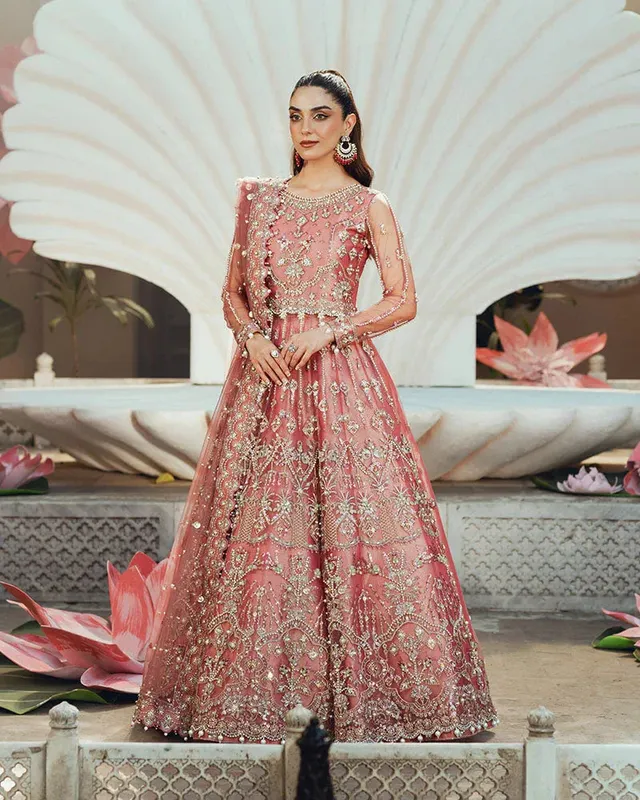 Ain Naulakha Wedding Festive 24 Salmon Pink Net – view 1 – Poshaq