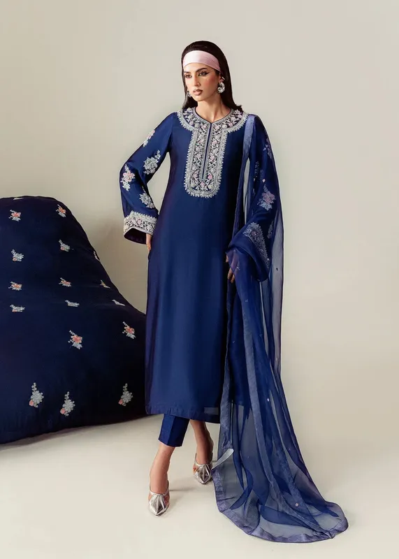 Mahum Asad The Sirens Navy Blue Raw Silk – view 1 – Poshaq