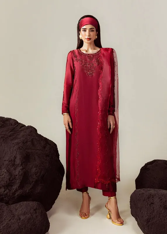 Mahum Asad The Sirens Crimson Raw Silk – view 1 – Poshaq