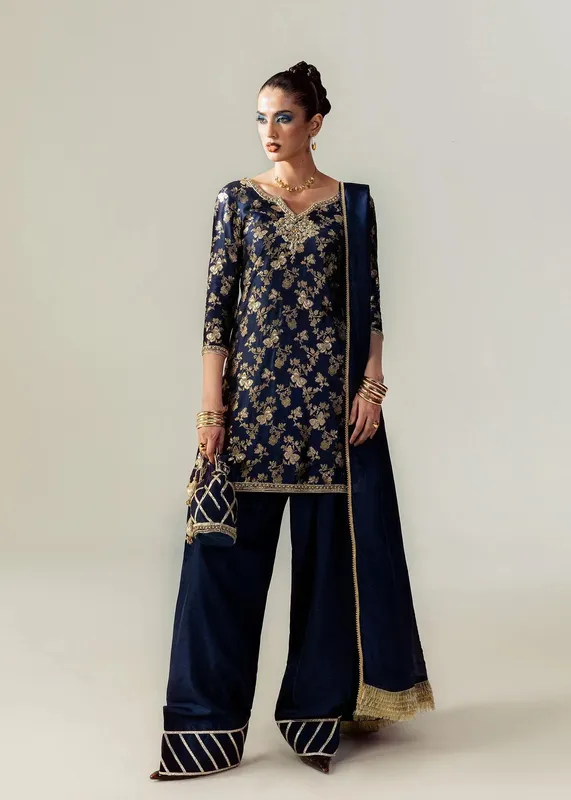 Mahum Asad The Sirens Navy Blue Raw Silk – view 1 – Poshaq