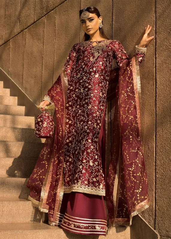 Mahum Asad Dream a Little Dream of Me Maroon Organza – view 1 – Poshaq