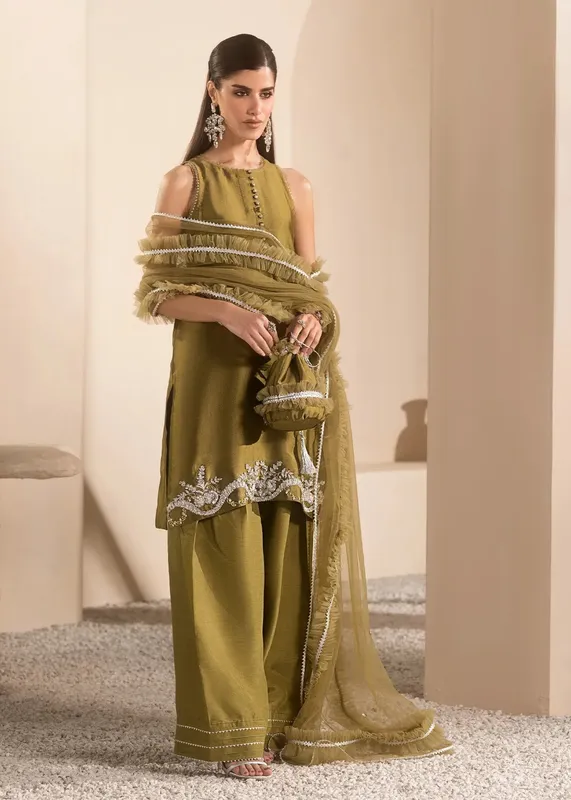 Mahum Asad Breaking the Bar Olive Green Raw Silk – view 1 – Poshaq