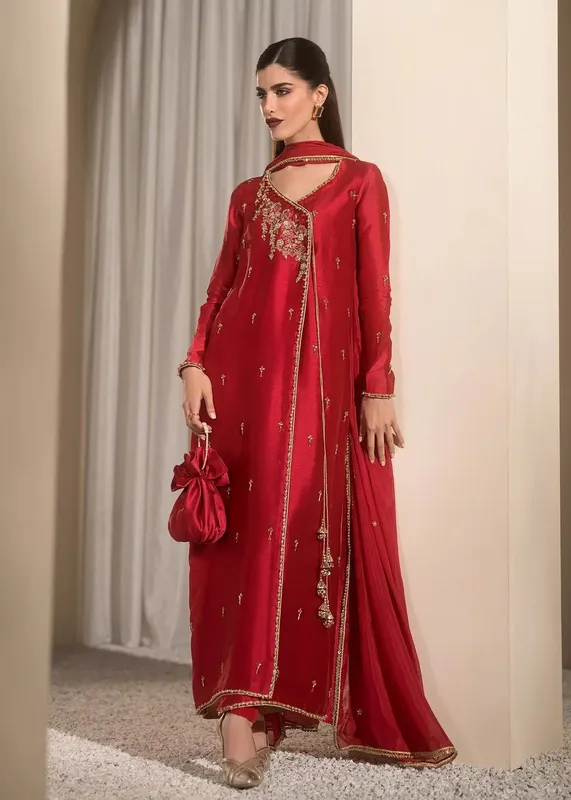 Mahum Asad Breaking the Bar Red Raw Silk – view 1 – Poshaq