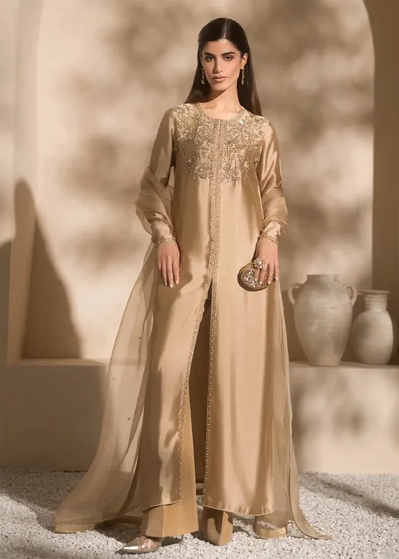 Mahum Asad Breaking the Bar Beige Raw Silk – view 1 – Poshaq