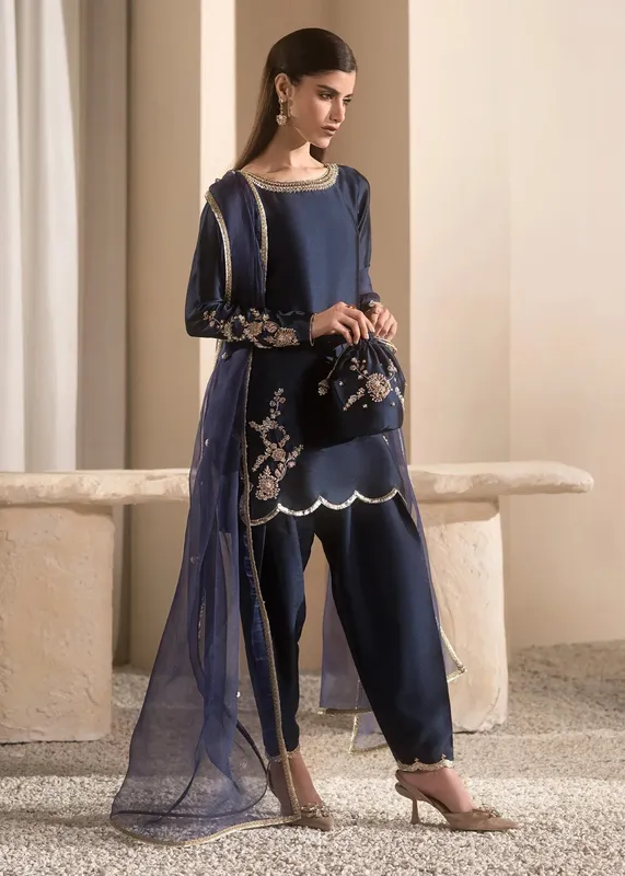 Mahum Asad Breaking the Bar Navy Blue Raw Silk – view 1 – Poshaq