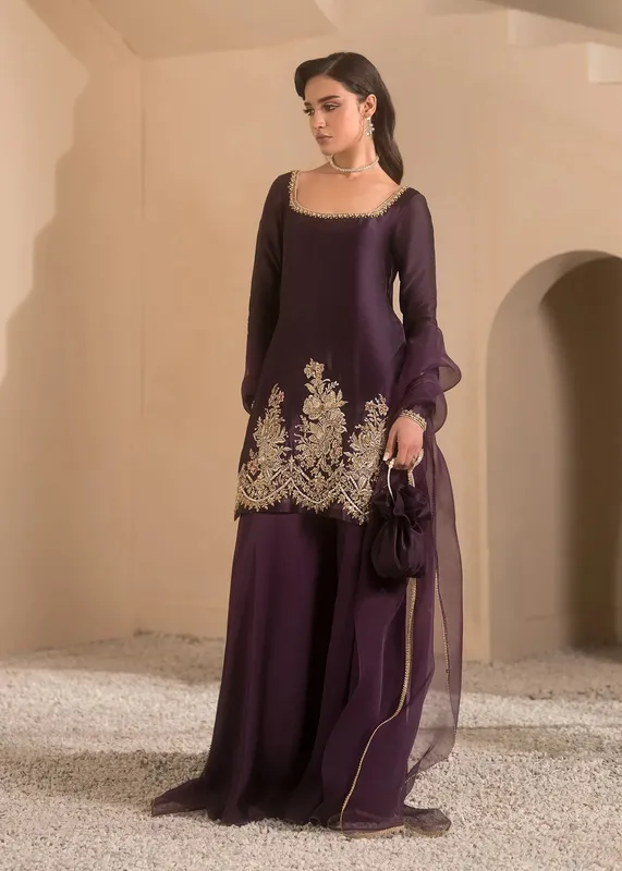 Mahum Asad Breaking the Bar Plum Organza – view 1 – Poshaq