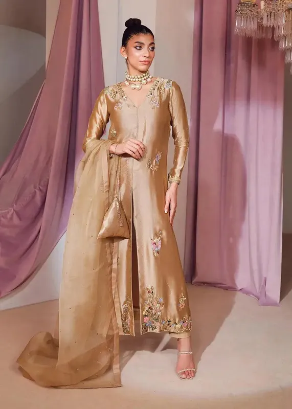 Gold three‑piece formal set with silk tissue shirt and organza dupatta – view 1 – Poshaq