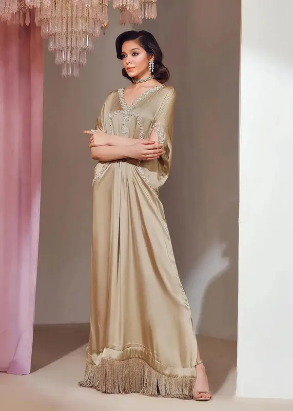 Gold silk kaftan with subtle sheen – view 1 – Poshaq