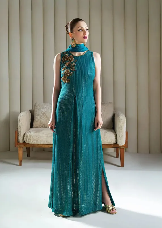Mahum Asad Forever and Ever Formals Teal Chiffon – view 1 – Poshaq