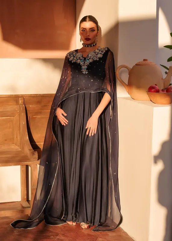 Mahum Asad Raising The Bar Black Satin – view 1 – Poshaq