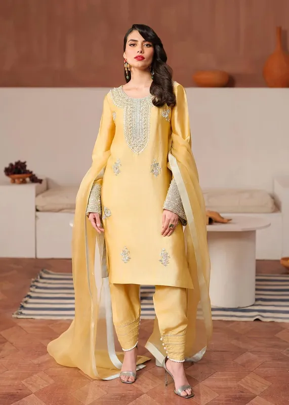 Mahum Asad Raising The Bar Yellow Silk – view 1 – Poshaq