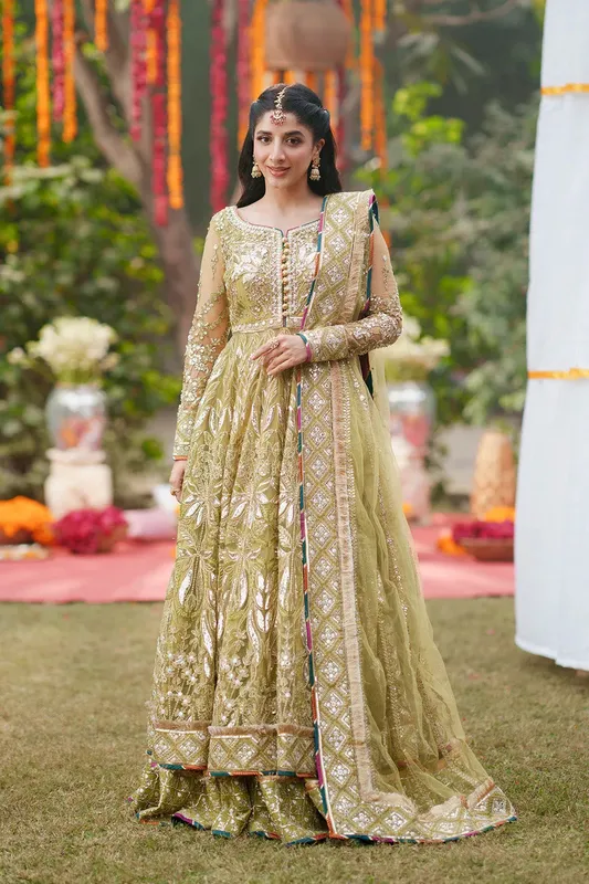 Maryum N Maria Husn Wedding Formals Olive Net – view 1 – Poshaq