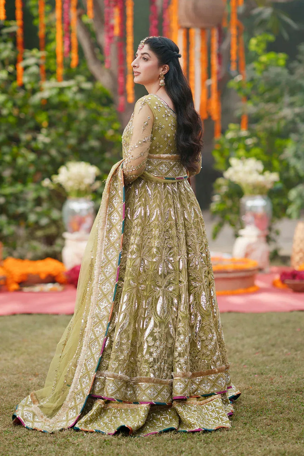 Maryum N Maria Husn Wedding Formals Olive Net – view 2 – Poshaq