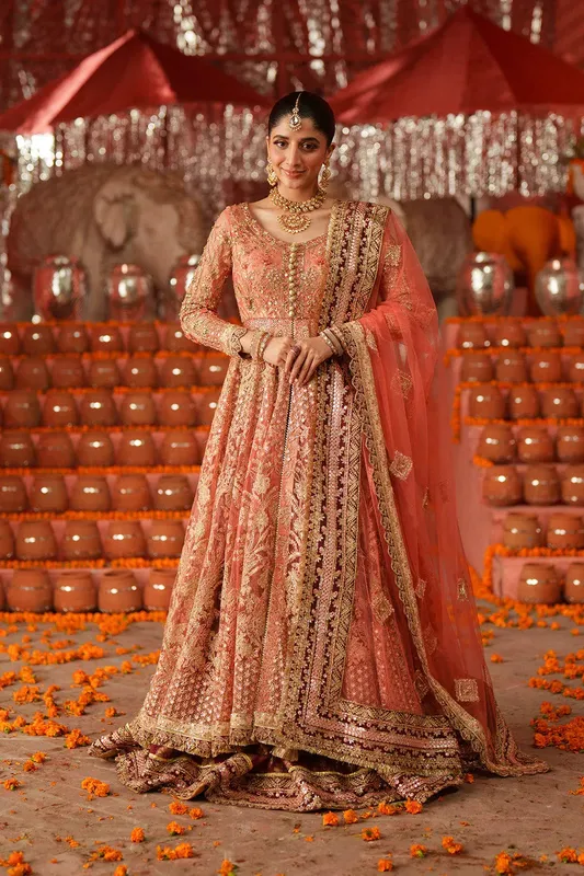 Maryum N Maria Husn Wedding Formals Coral Net – view 1 – Poshaq
