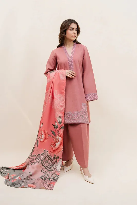 Maryum N Maria Latte Layers Pret Dusty Rose Khaddar – view 1 – Poshaq