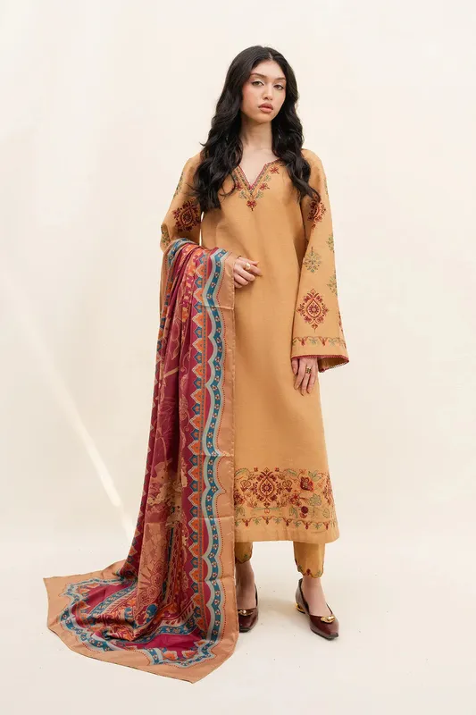 Maryum N Maria Latte Layers Pret Golden Khaddar – view 1 – Poshaq