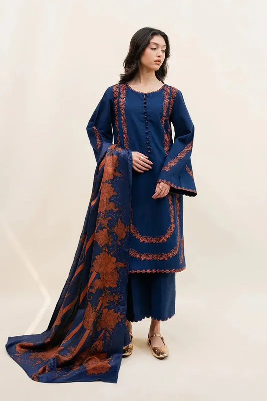 Maryum N Maria Latte Layers Pret Cobalt Blue Khaddar – view 1 – Poshaq