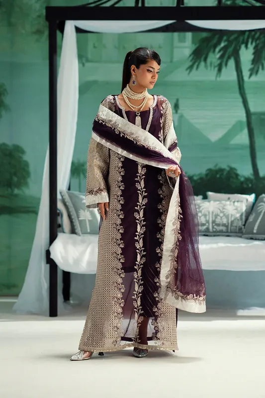 Maryum N Maria Mushal Formals Dark Plum Organza – view 1 – Poshaq