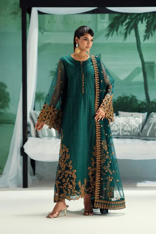 Maryum N Maria Mushal Formals Dark Teal Green Organza – view 1 – Poshaq