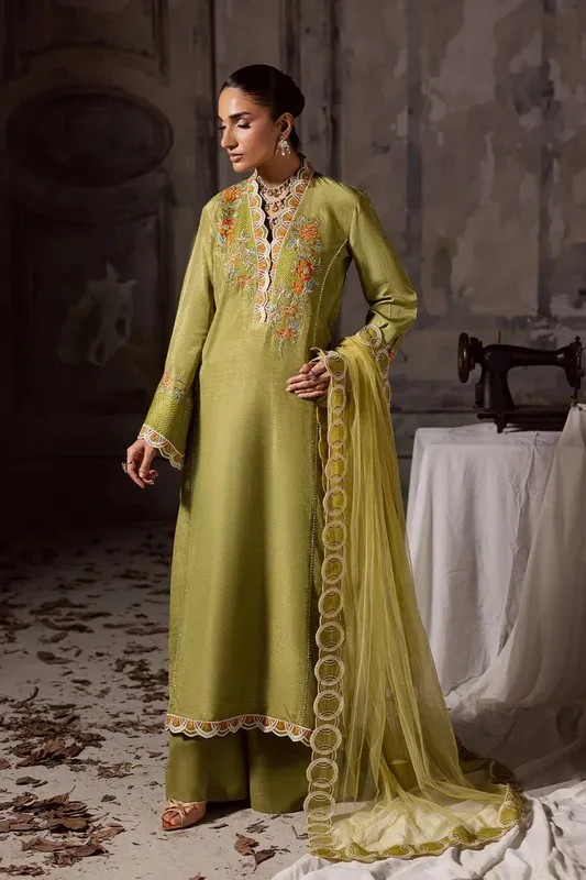Maryum N Maria Zarq Festive Mehndi Green Silk – view 1 – Poshaq