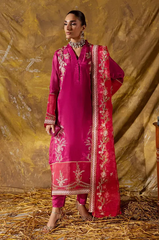 Maryum N Maria Zarq Festive Dark Pink Organza – view 1 – Poshaq