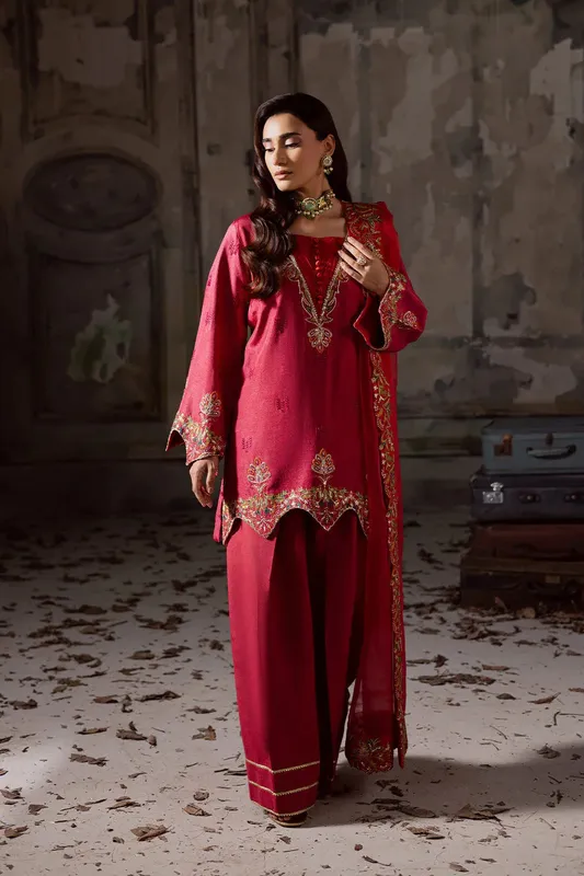Maryum N Maria Zarq Festive Dust Red Organza – view 1 – Poshaq