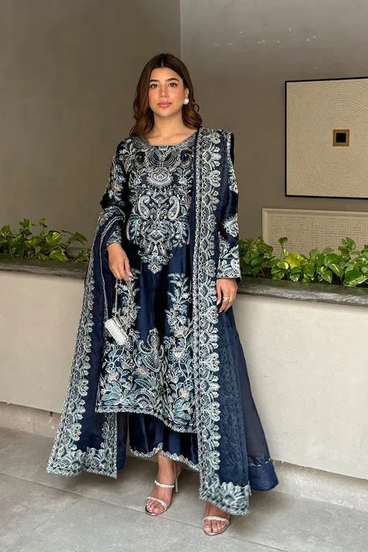 Maryum N Maria Farisha Formals Navy Blue Organza – view 1 – Poshaq