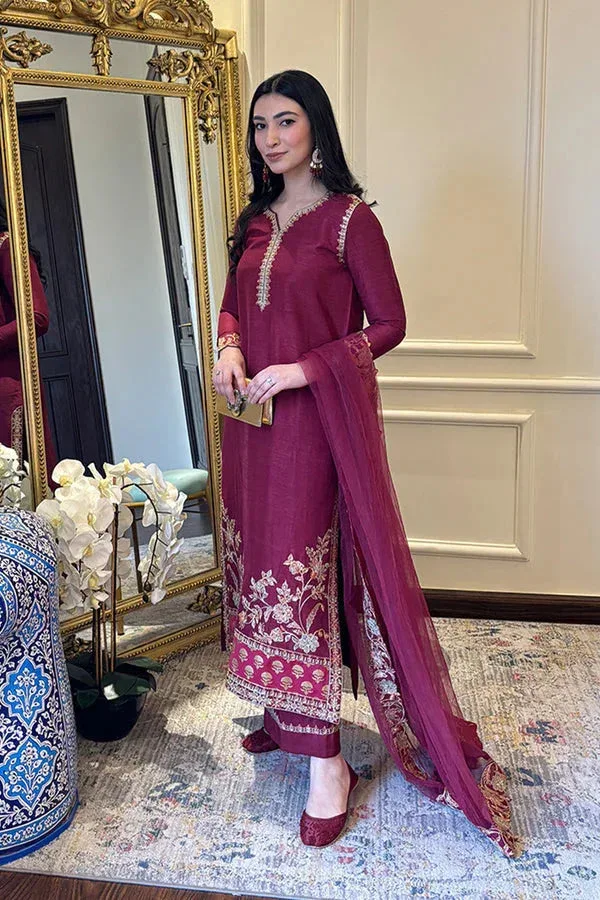 plum long shirt with organza and grip detailing – view 3 – Poshaq