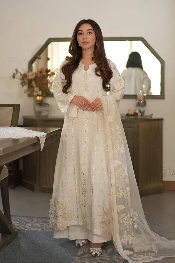 White 3‑piece suit with grip shirt, flared trouser and embroidered net dupatta – view 3 – Poshaq