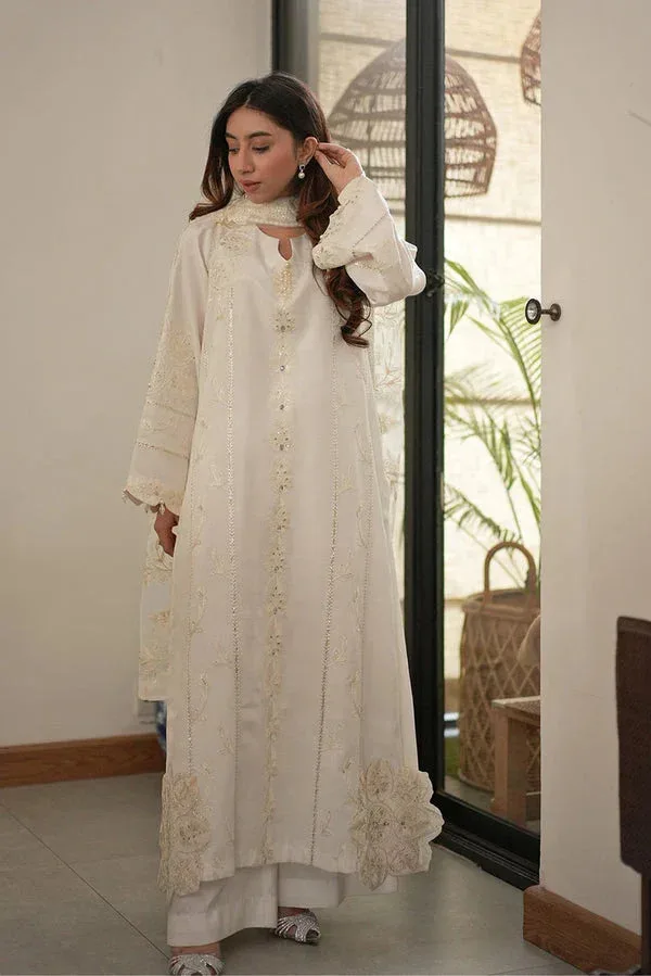 White 3‑piece suit with grip shirt, flared trouser and embroidered net dupatta – view 4 – Poshaq