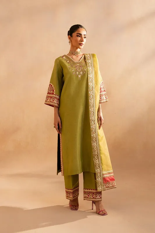 Maryum N Maria Dhahab 25 Mehndi Green Organza – view 1 – Poshaq