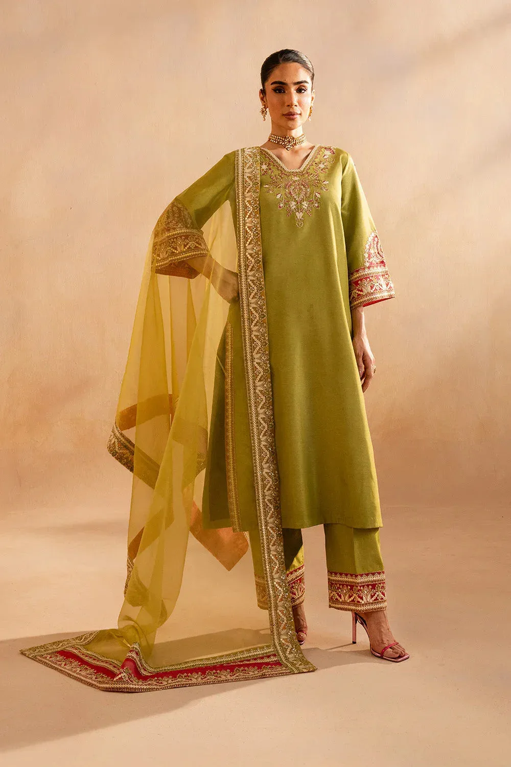 Maryum N Maria Dhahab 25 Mehndi Green Organza – view 4 – Poshaq