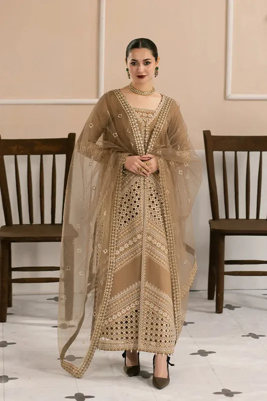 Maryum N Maria Eid Luxury Lawn 25 Taupe Organza – view 1 – Poshaq